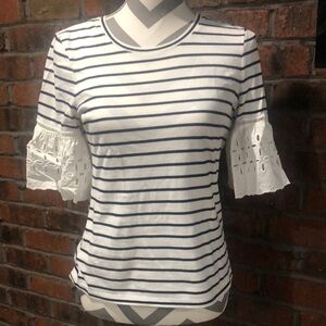 Ann Taylor Navy and White Eyelet Sleeve Tee